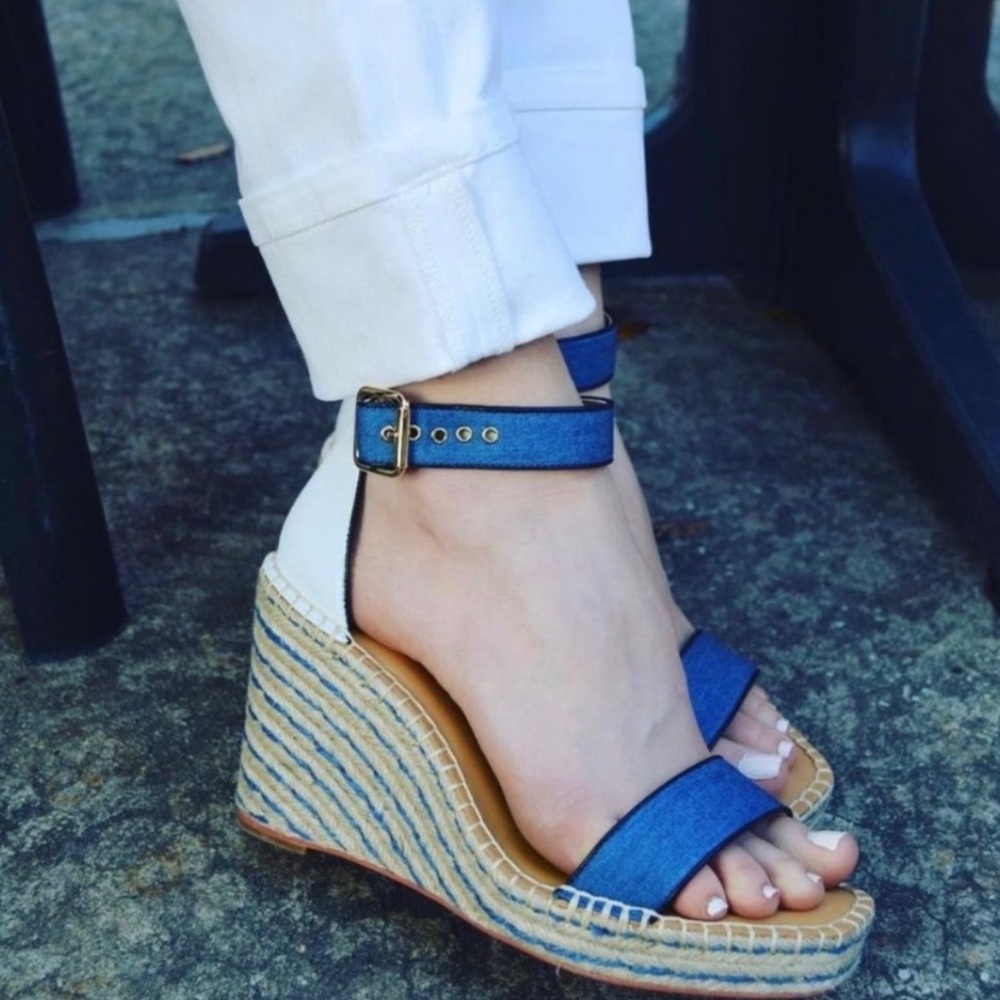 CAbi Blue and White Espadrille Wedge Sandals